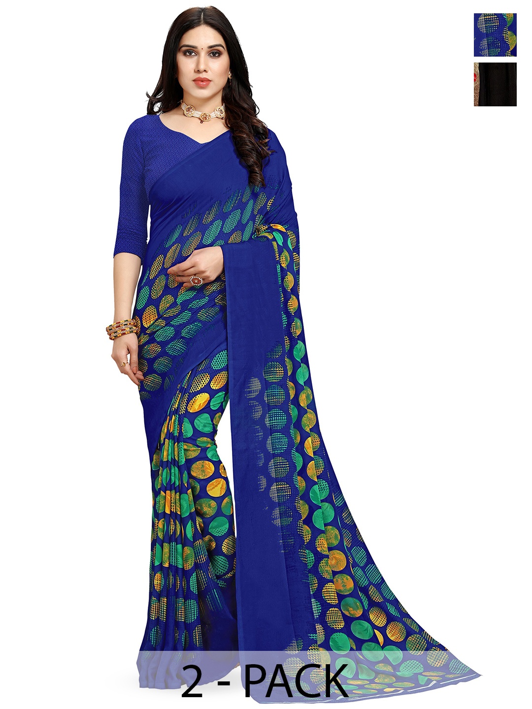 

ANAND SAREES Selection Of 2 Ethnic Motifs Printed Sarees, Blue