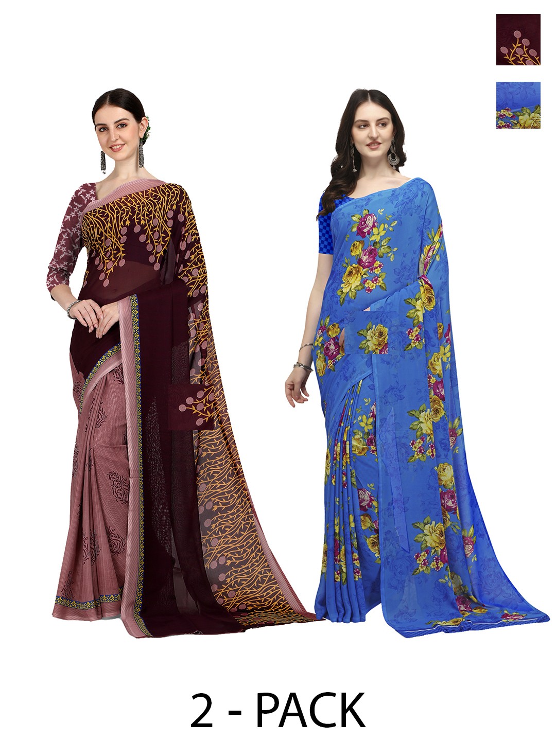

ANAND SAREES Selection Of 2 Floral Printed Saree, Brown