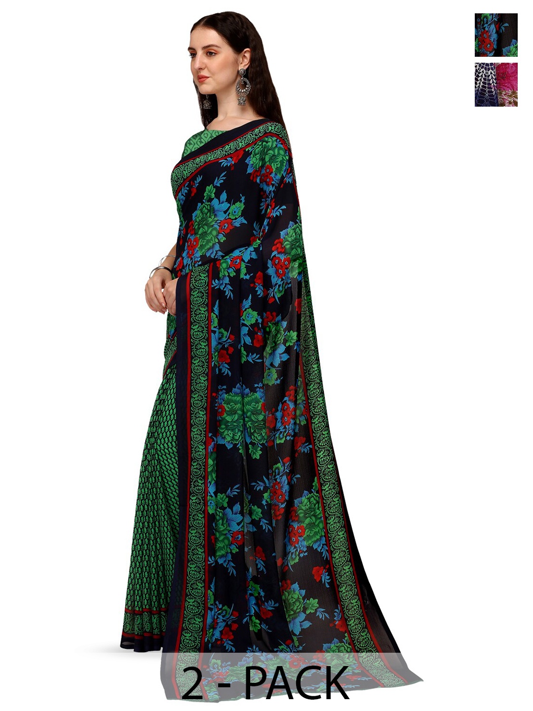 

ANAND SAREES Selection Of 2 Floral Printed Saree, Green