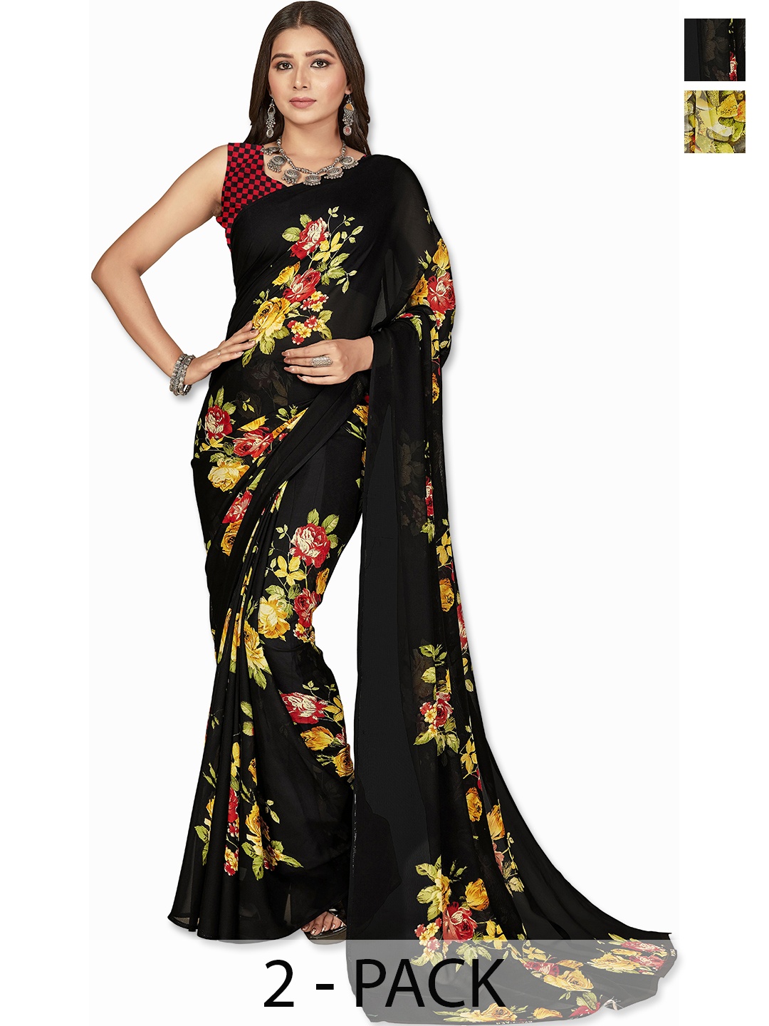 ANAND SAREES Floral Saree Pack of 2, Yellow
