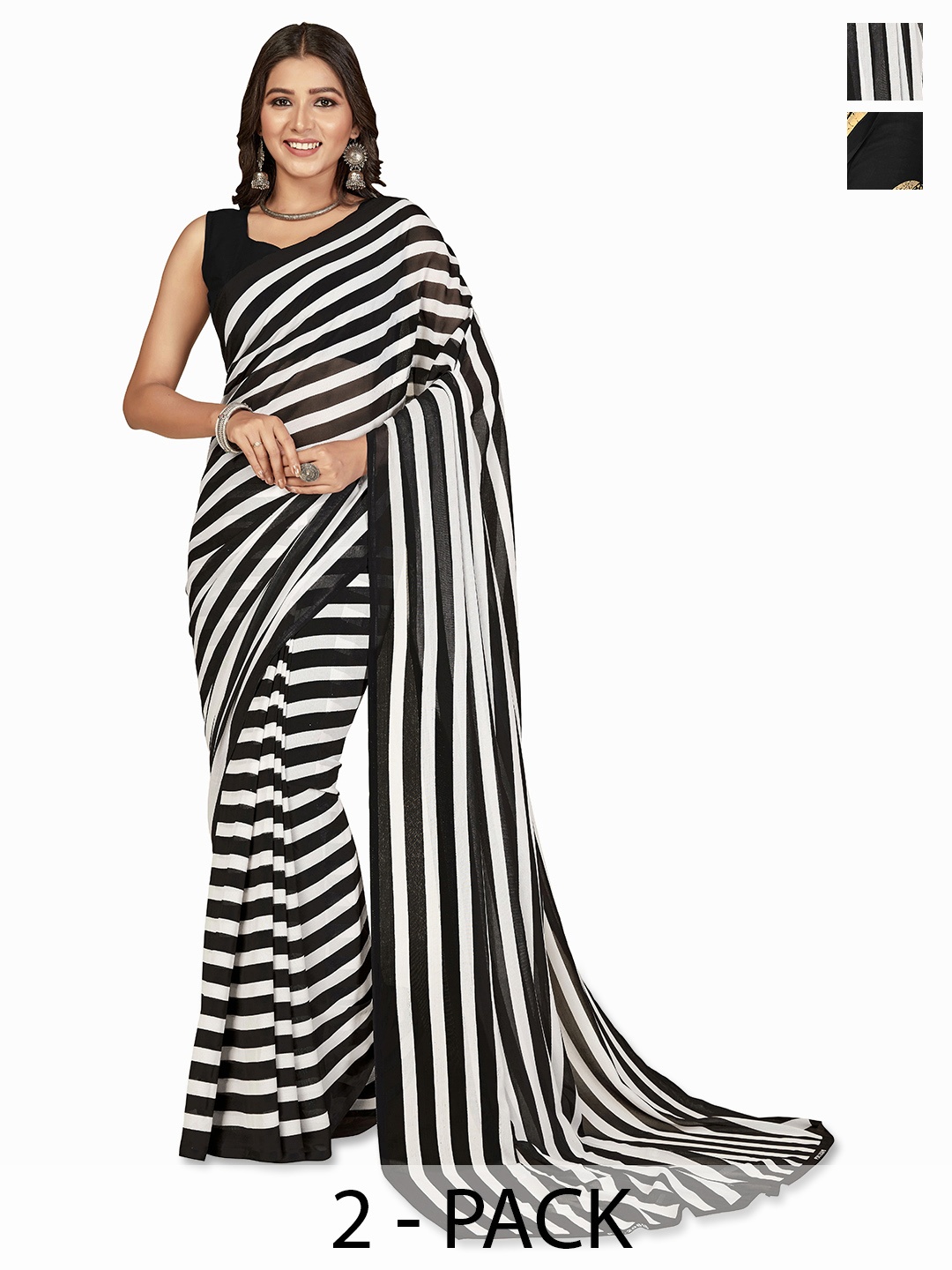 

ANAND SAREES Striped Saree PACK OF 2, White