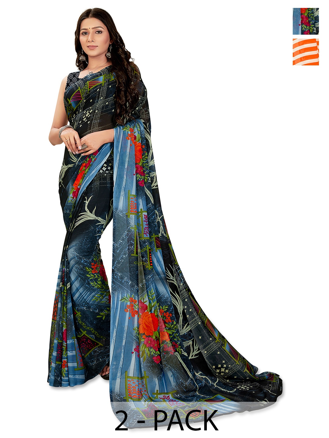 

ANAND SAREES Floral Poly Georgette Saree, Blue