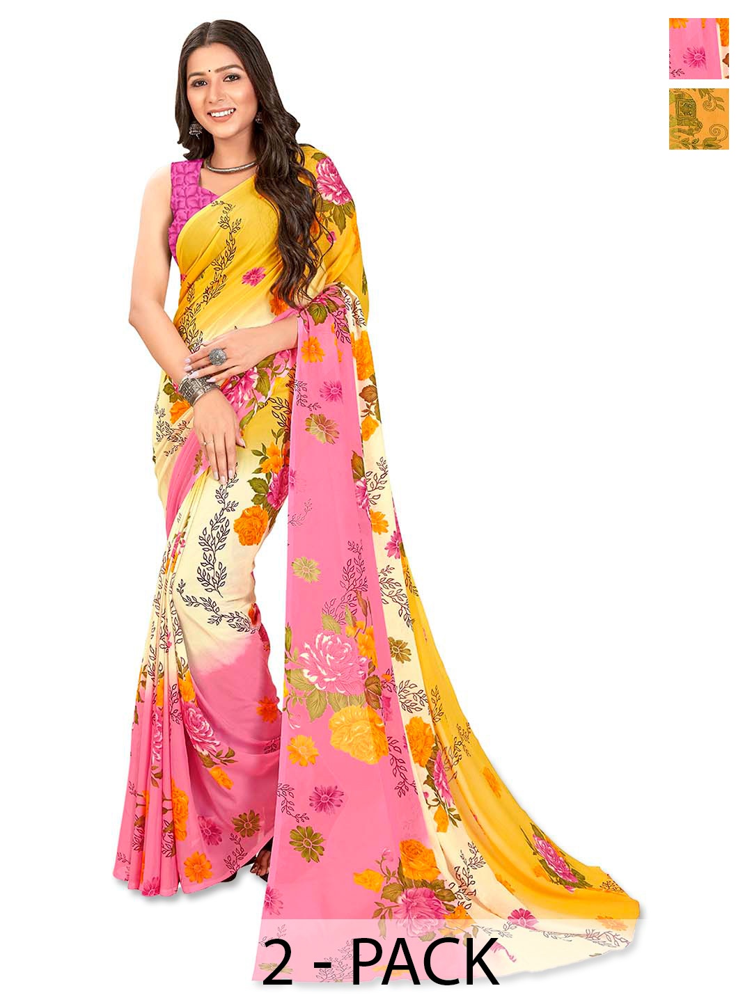 

ANAND SAREES Floral Saree PACK OF 2, Pink