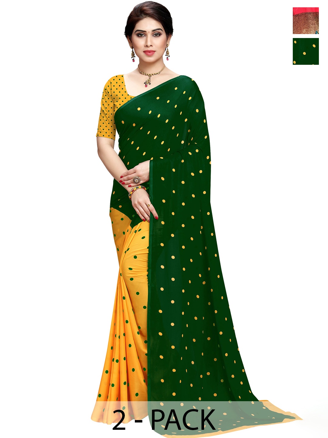 

ANAND SAREES Pack Of 2 Polka Dots Saree, Green