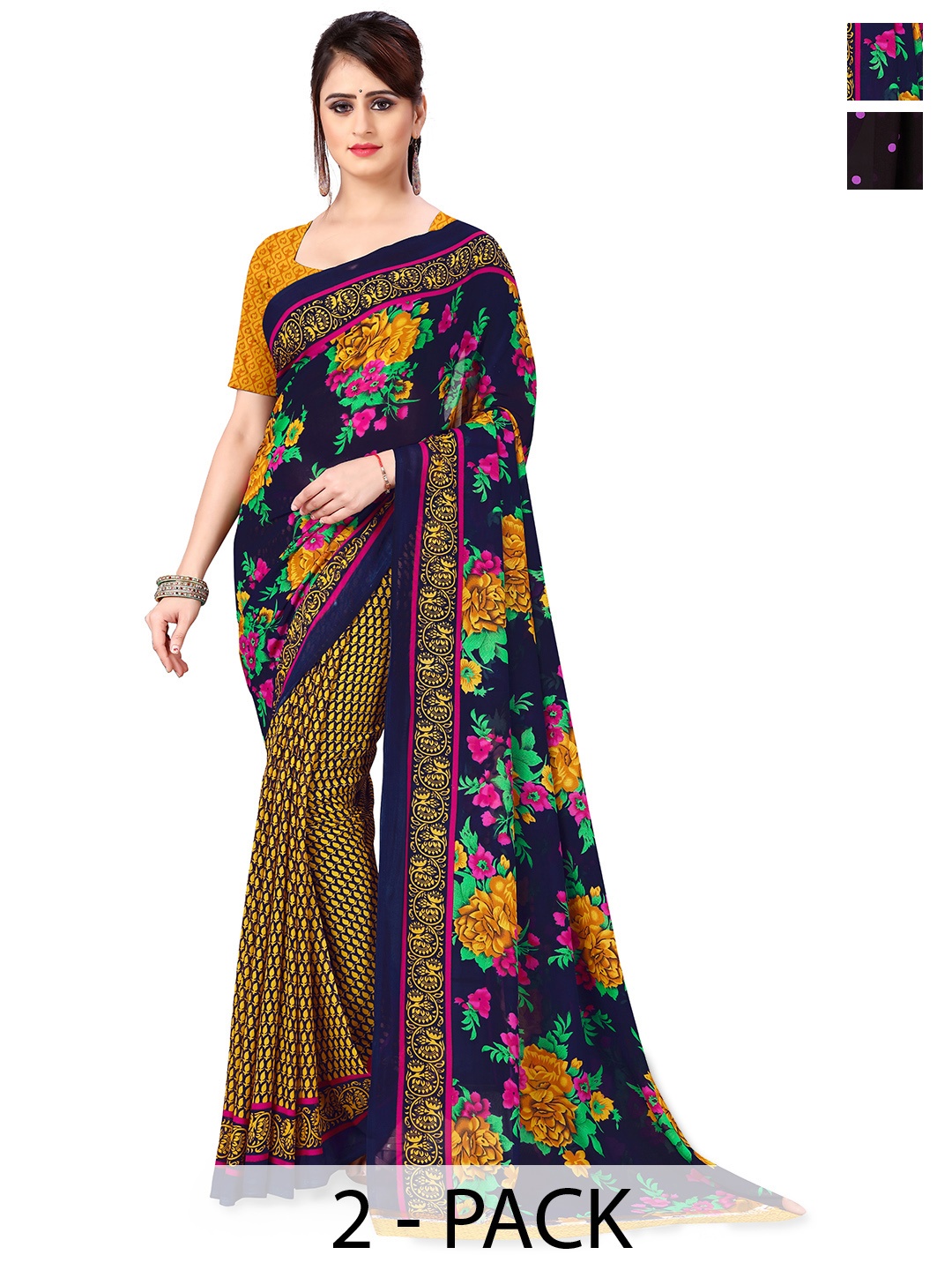 

ANAND SAREES Floral Saree PACK OF 2, Navy blue