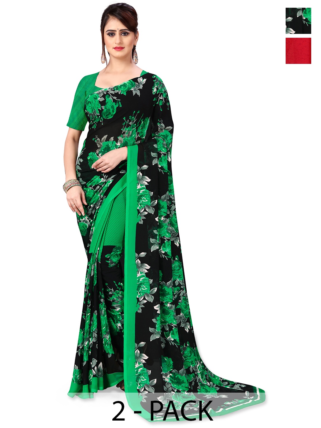 

ANAND SAREES Floral Saree PACK OF 2, Green