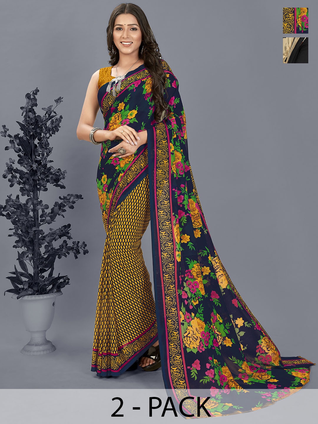 

ANAND SAREES Selection Of 2 Floral Printed Saree, Black
