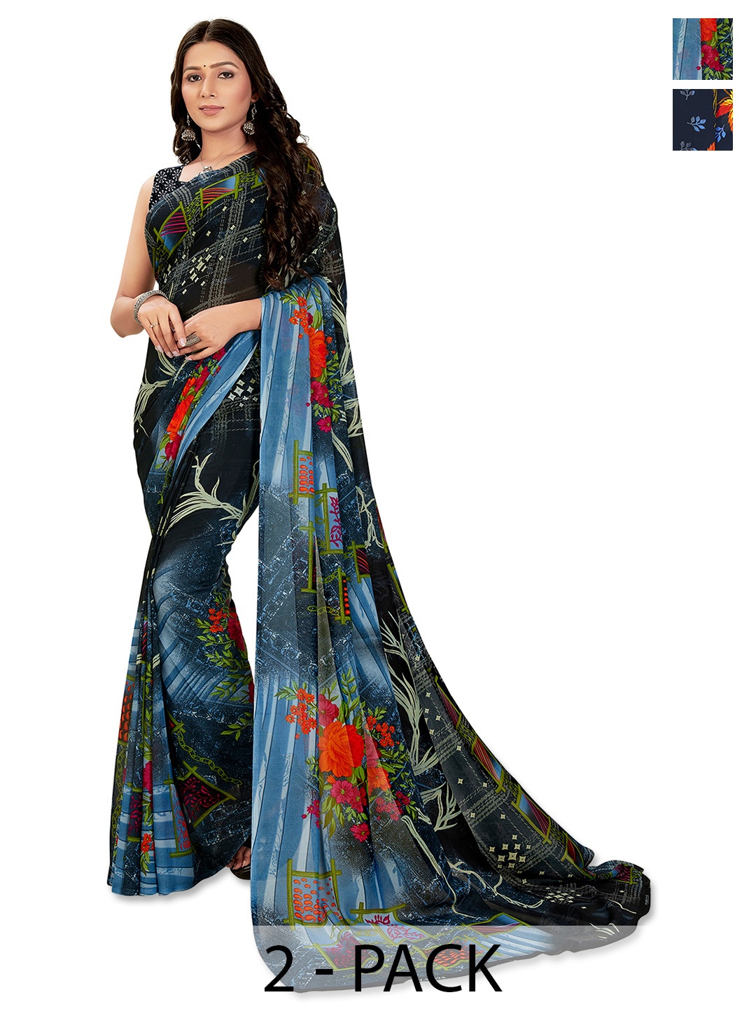 ANAND SAREES Floral Saree PACK OF 2, Blue
