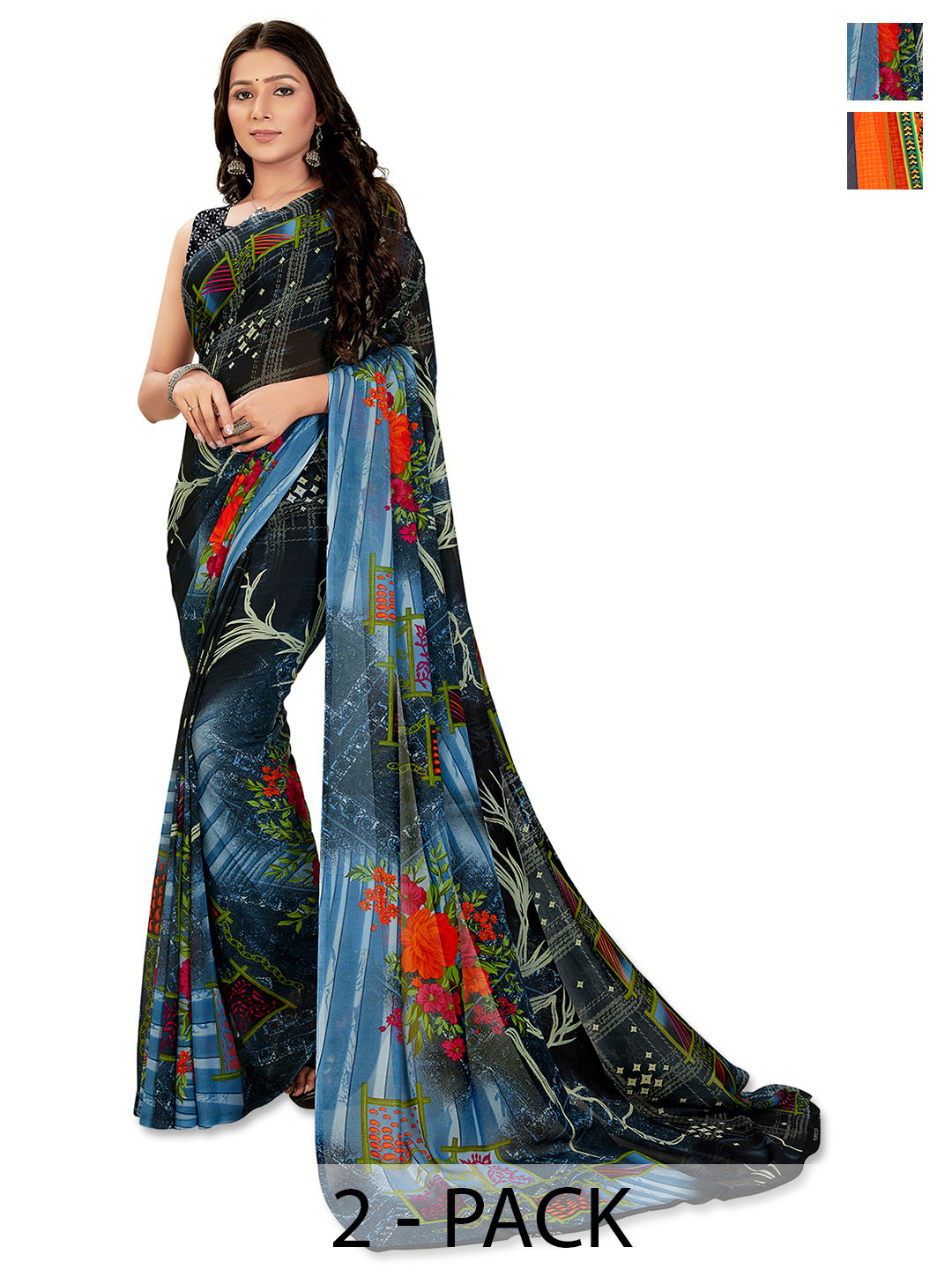 

ANAND SAREES Floral Saree PACK OF 2, Blue