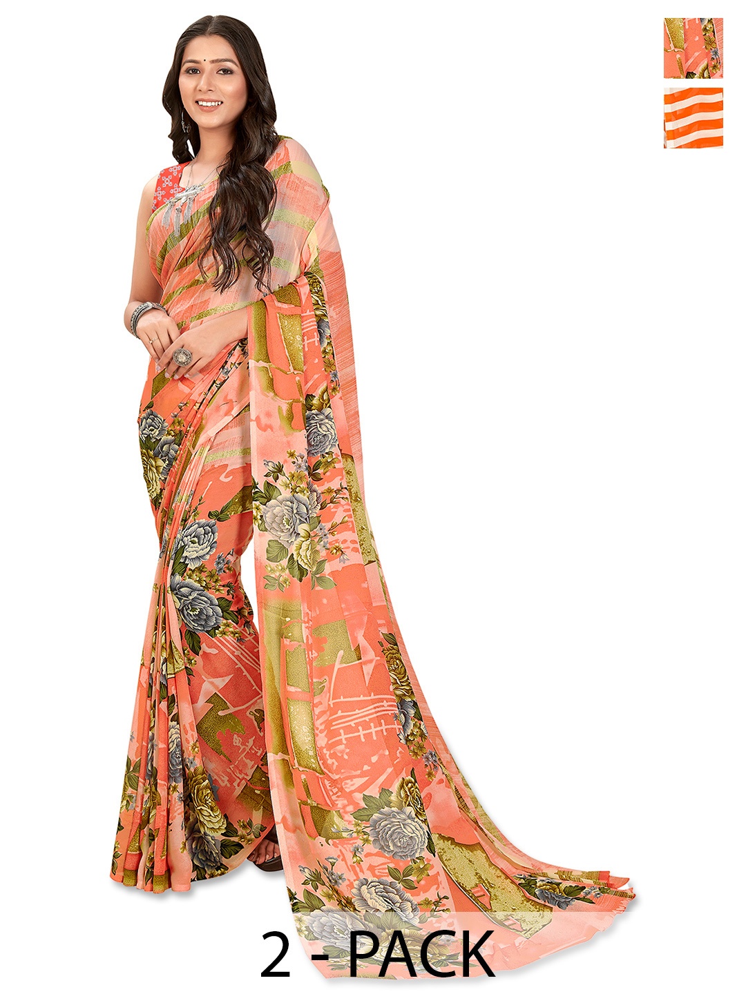 

ANAND SAREES Floral Poly Georgette Saree, Peach