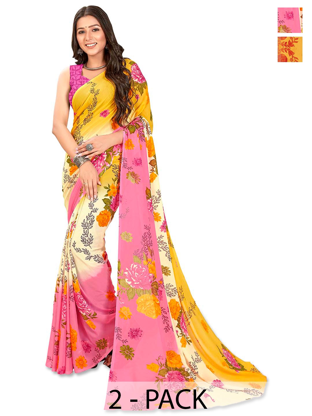 ANAND SAREES Floral Saree PACK OF 2, Pink