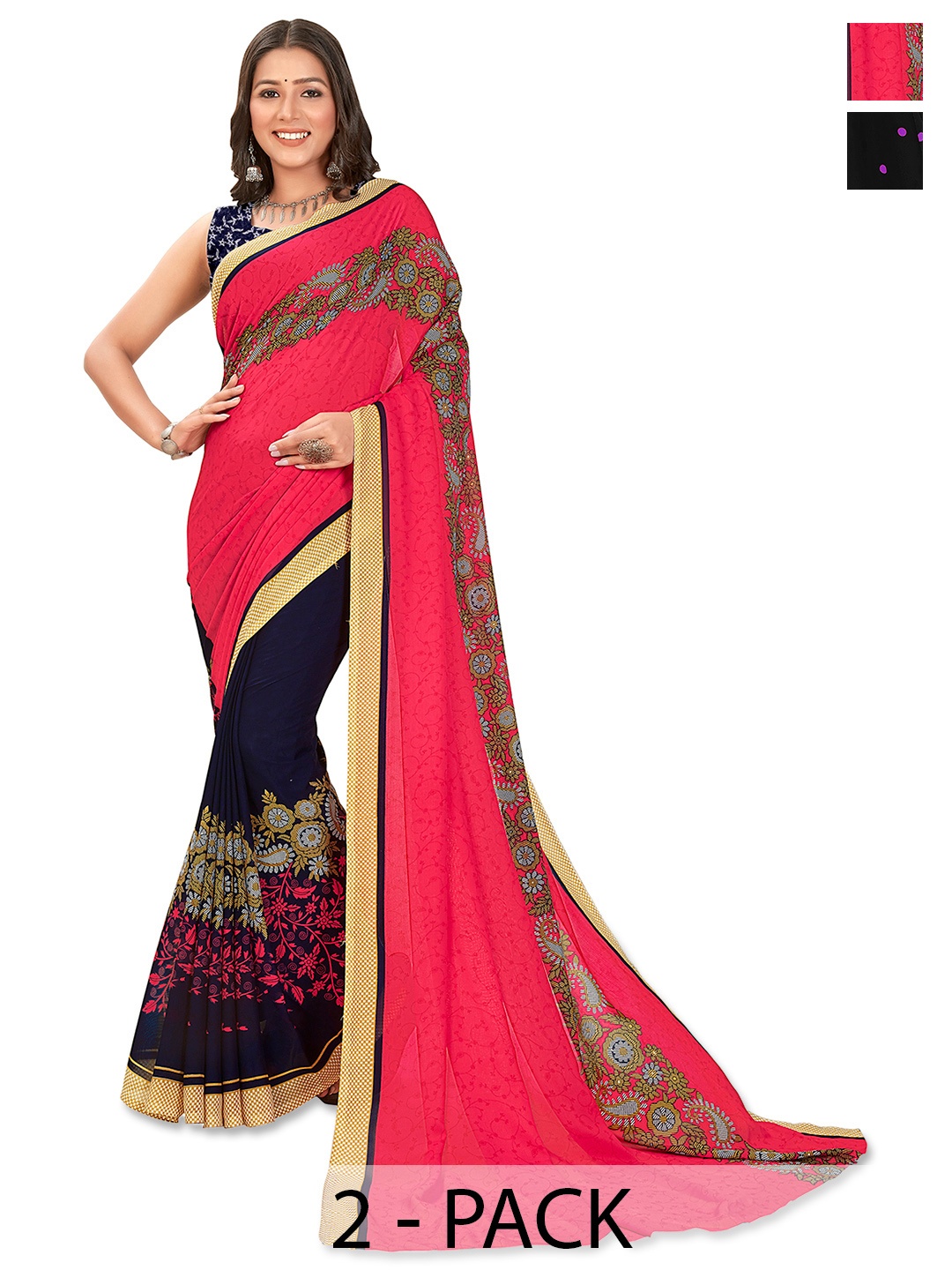 

ANAND SAREES Floral Saree PACK OF 2, Fuchsia