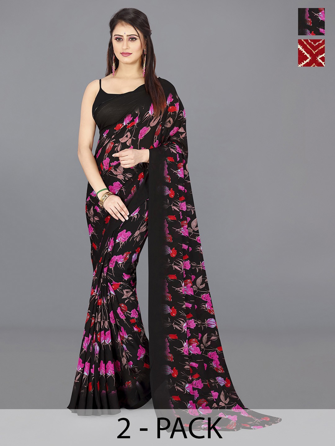 

ANAND SAREES Selection of 2 Floral Printed Saree, Red
