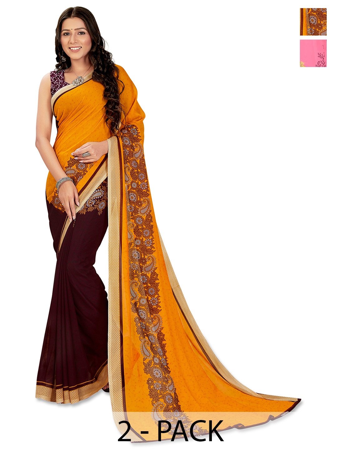 

ANAND SAREES Floral Saree PACK OF 2, Pink