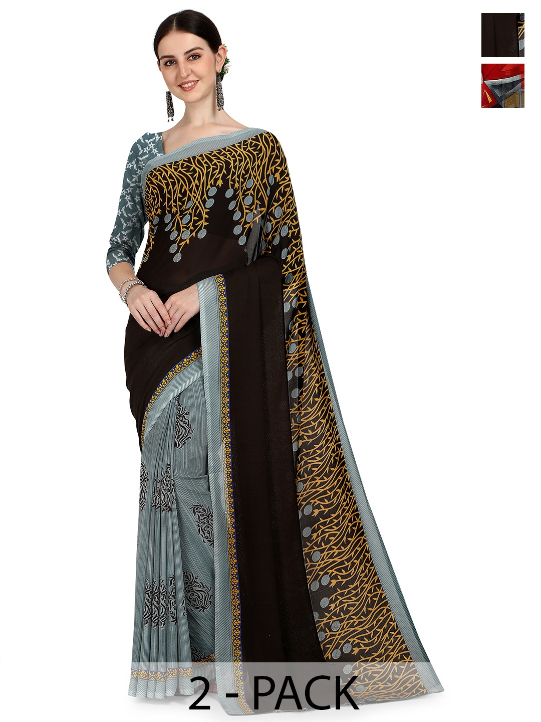 ANAND SAREES Floral Saree PACK OF 2, Black