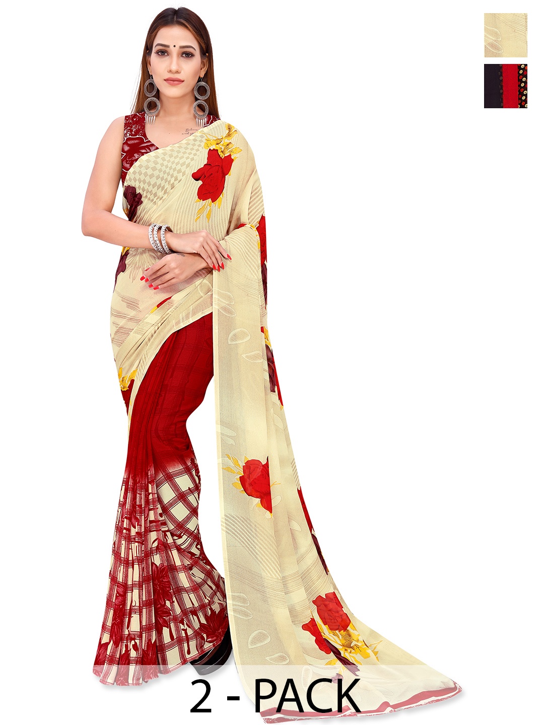 

ANAND SAREES Floral Saree PACK OF 2, White