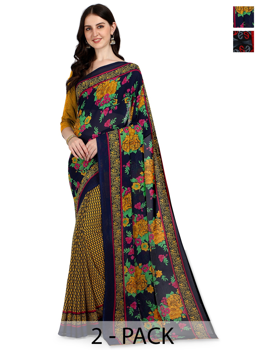 

ANAND SAREES Selection Of 2 Ethnic Motifs Printed Sarees, Yellow