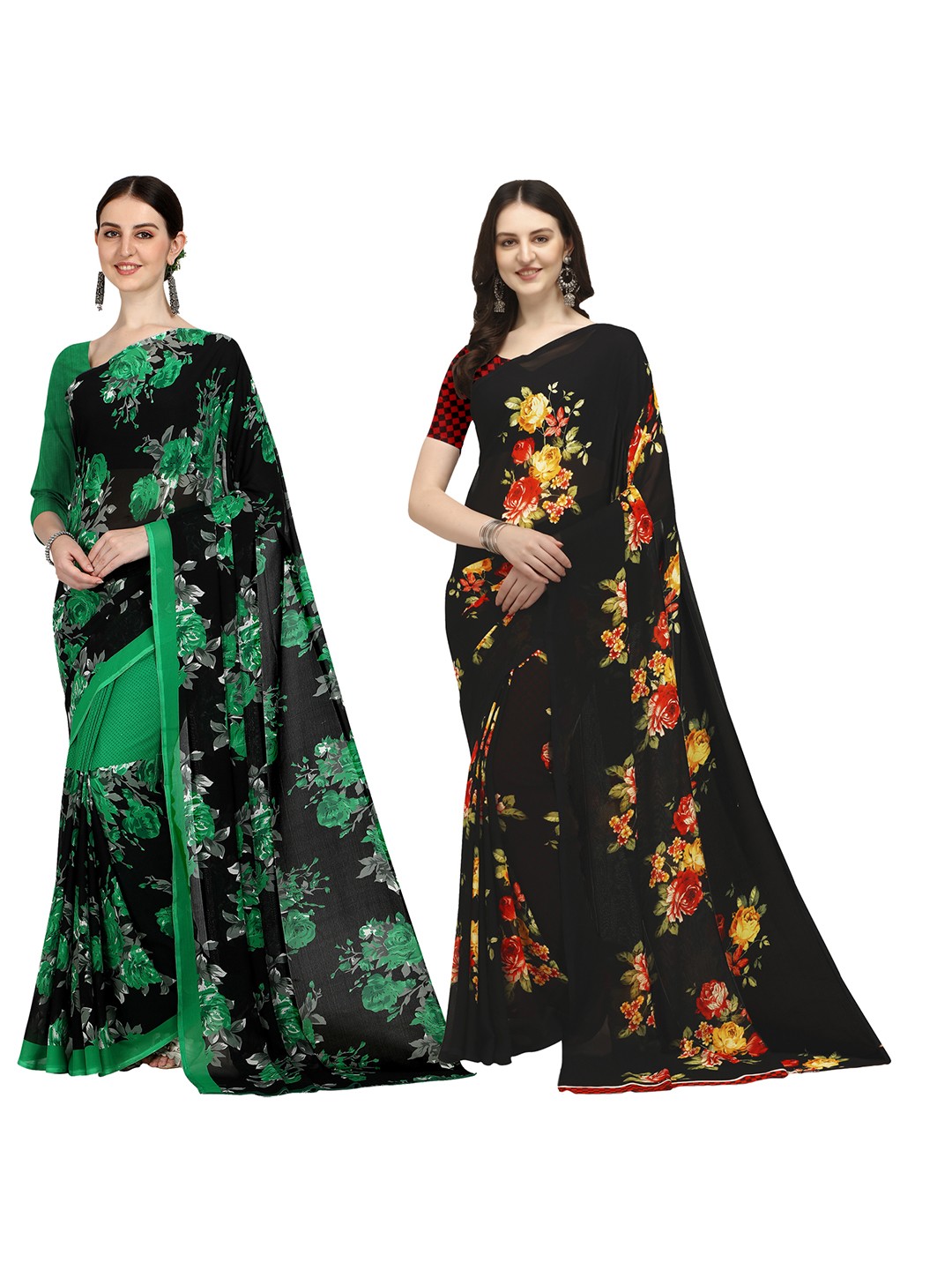 

ANAND SAREES Pack Of 2 Floral Saree, Black