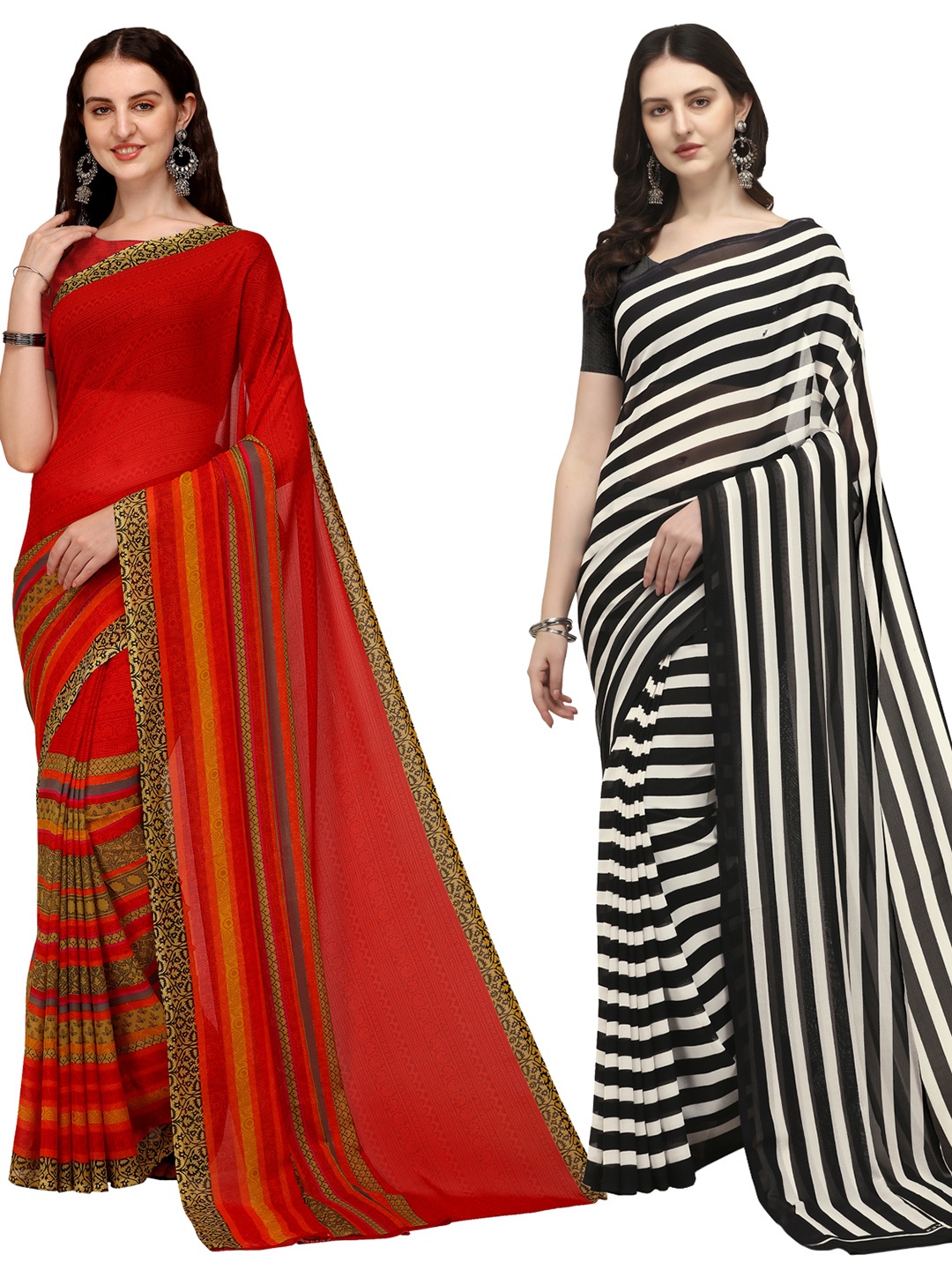 

ANAND SAREES Pack Of 2 Striped Saree, Red
