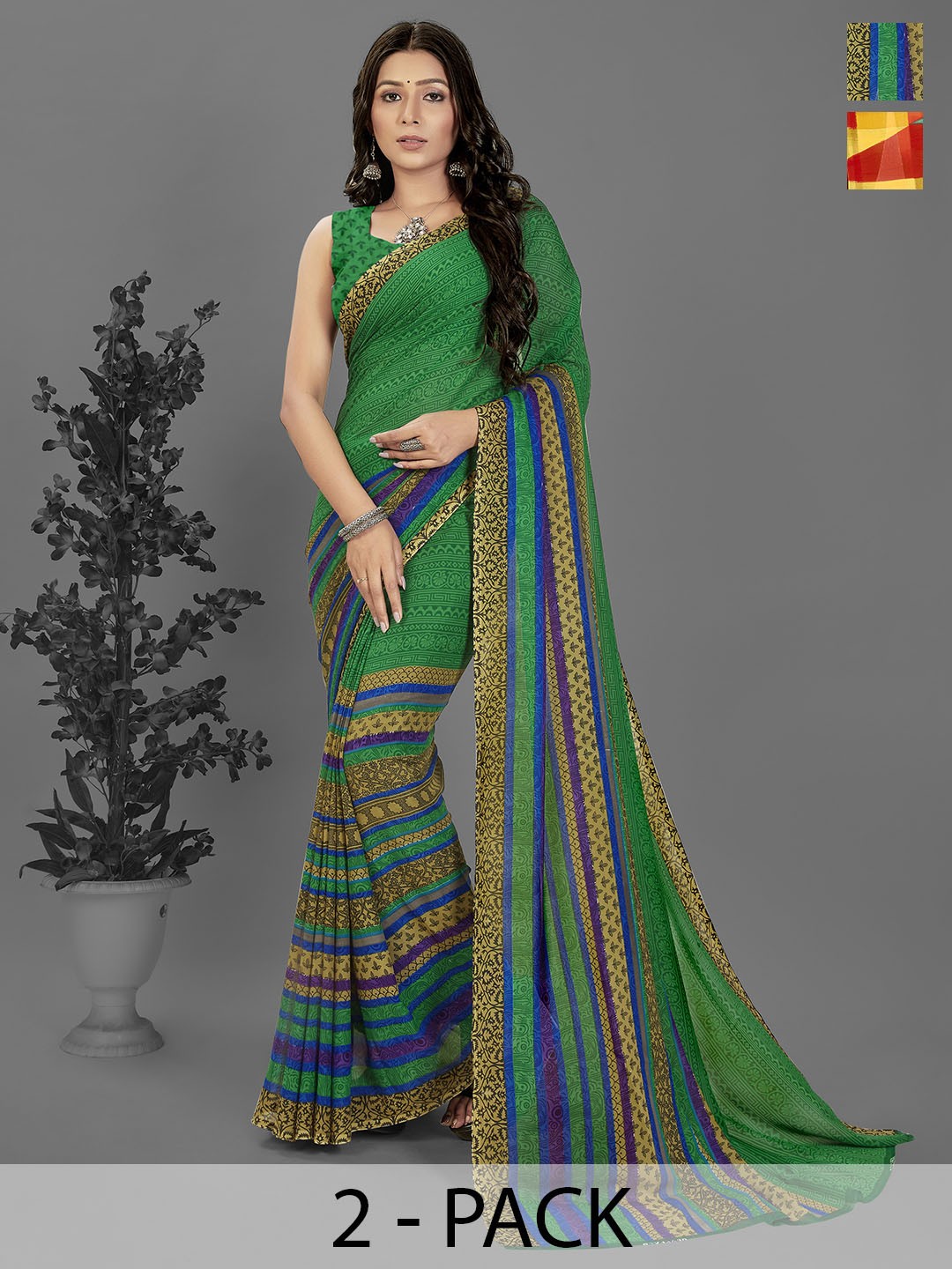 

ANAND SAREES Striped Poly Georgette Saree, Red