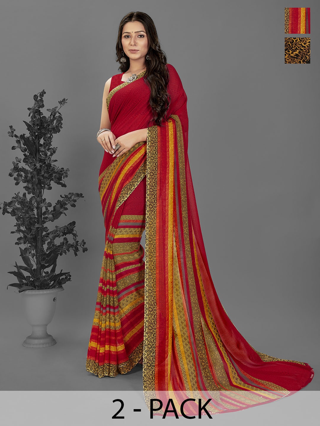 

ANAND SAREES Selection Of 2 Floral Printed Saree, Red