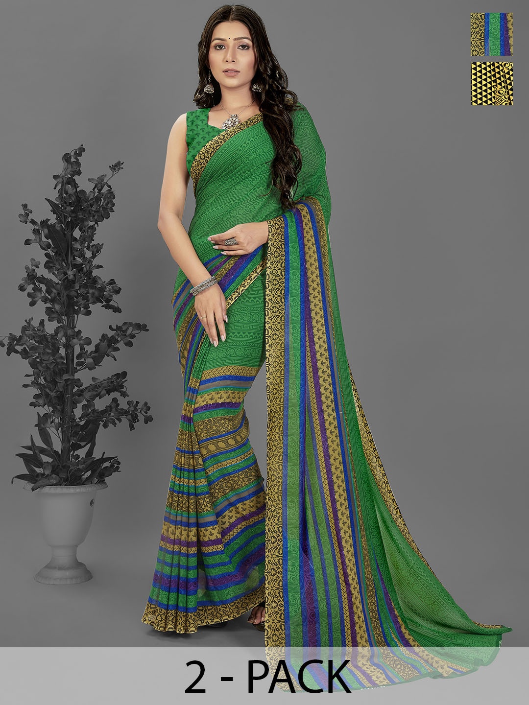 

ANAND SAREES Selection Of 2 Ethnic Motifs Printed Sarees, Green