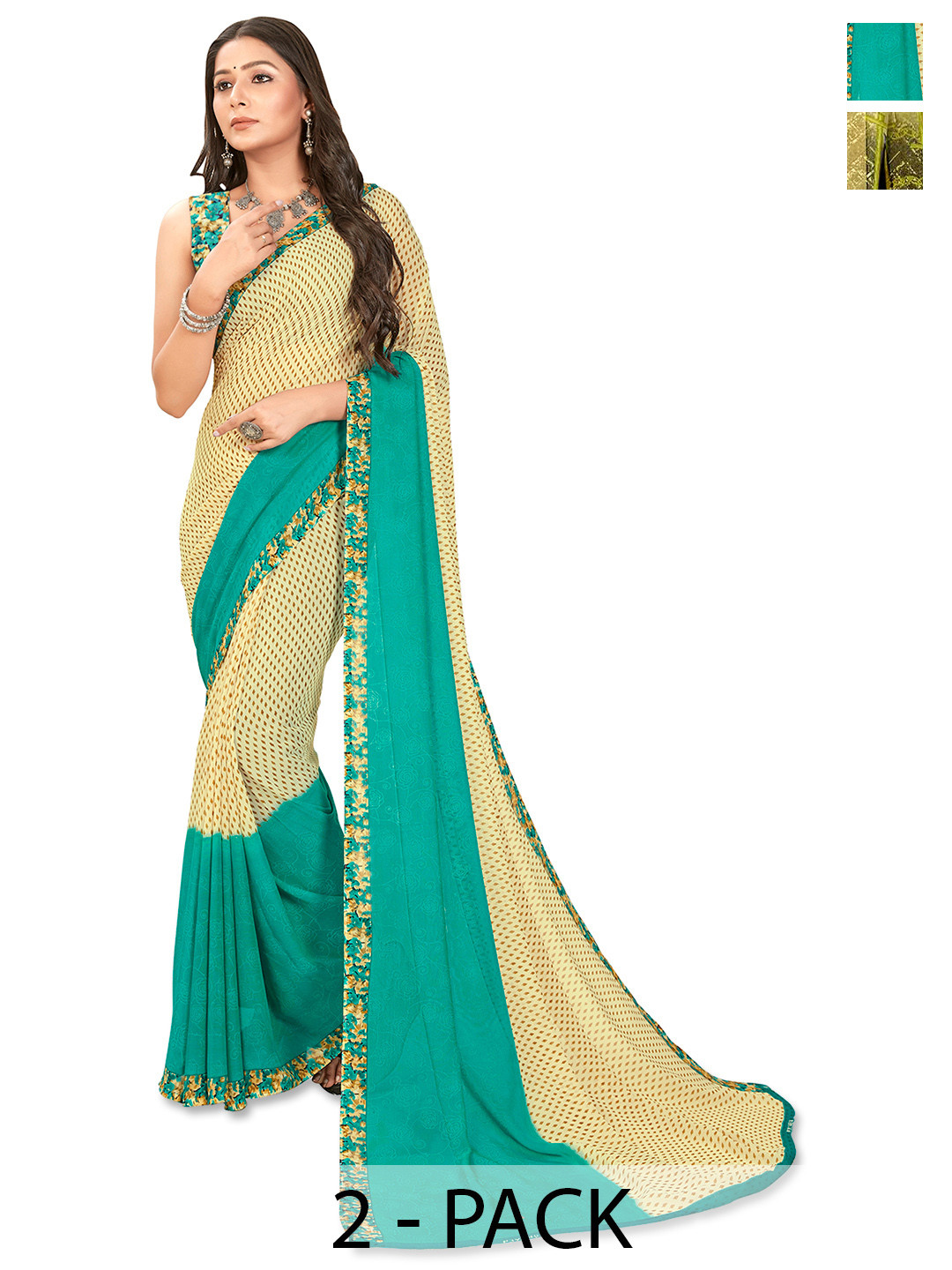 

ANAND SAREES Floral Saree PACK OF 2, Cream