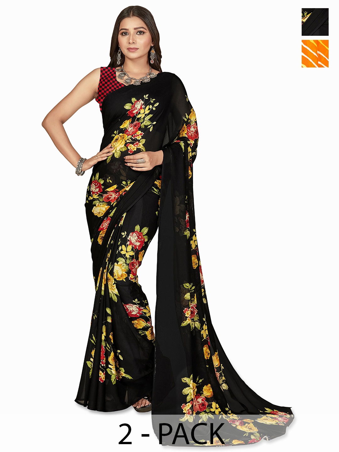 

ANAND SAREES Selection Of 2 Floral Printed Saree, Black