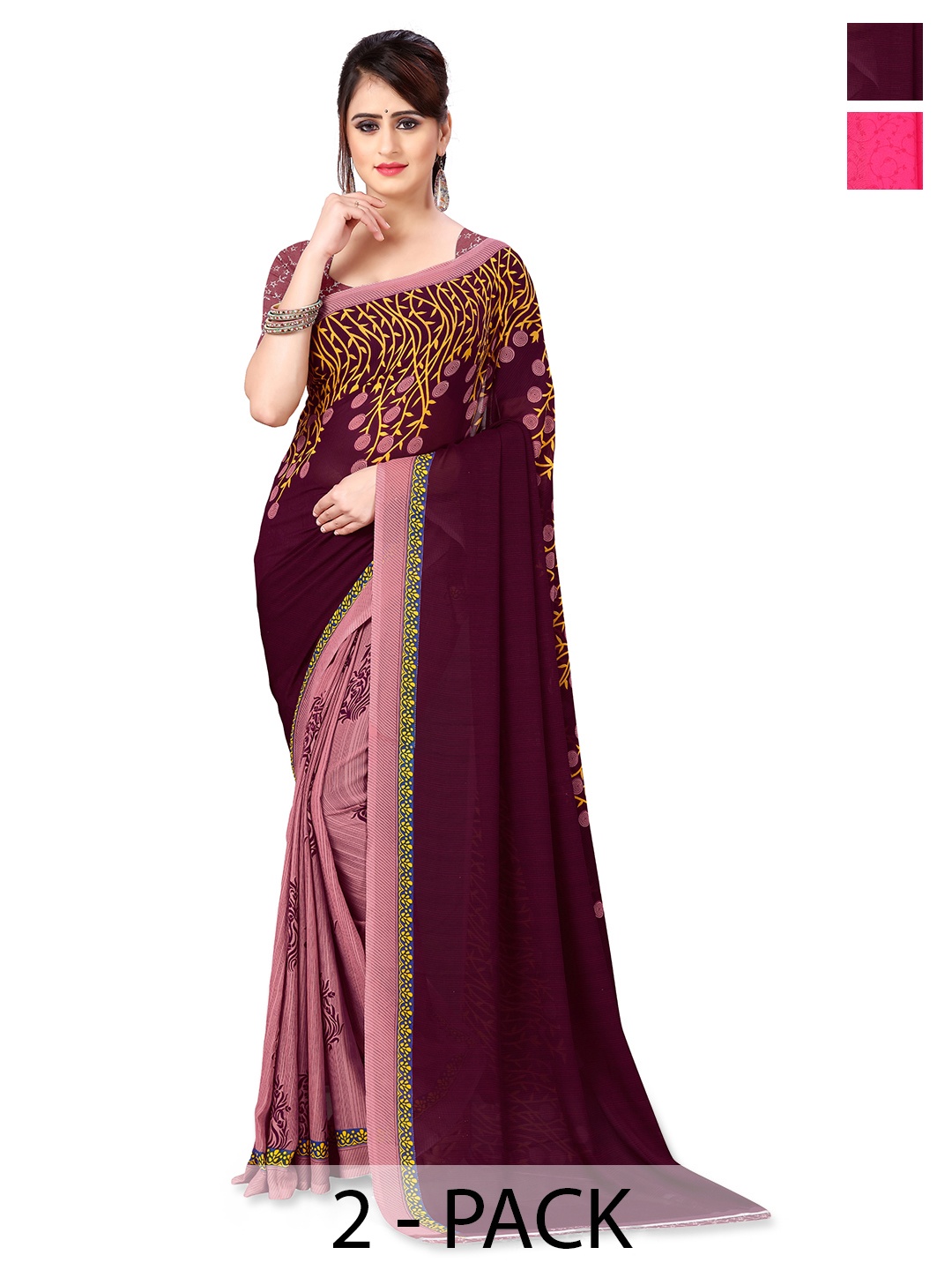 

ANAND SAREES Selection Of 2 Floral Printed Sarees, Pink