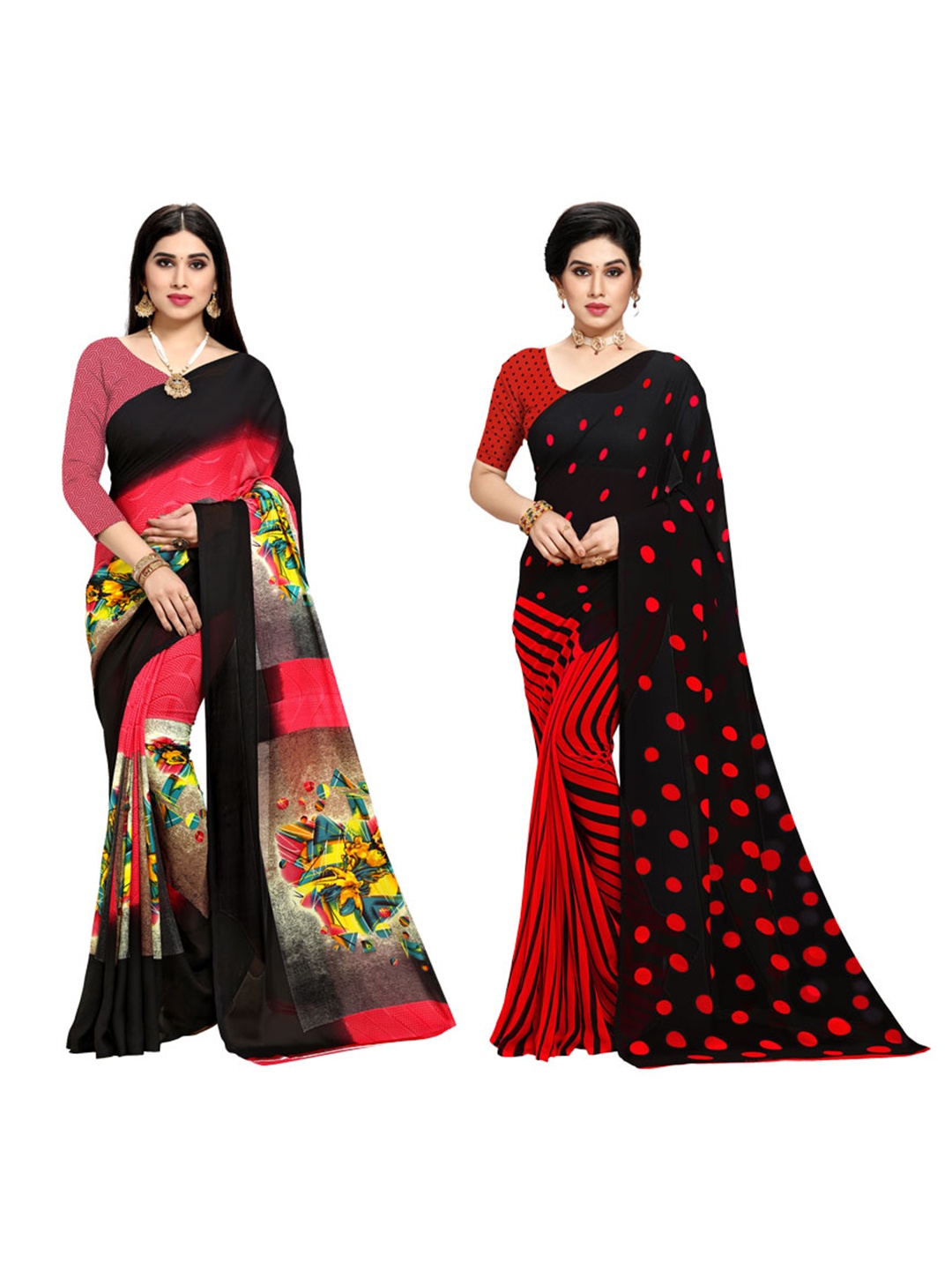 

ANAND SAREES Selection Of 2 Floral Printed Sarees, Black