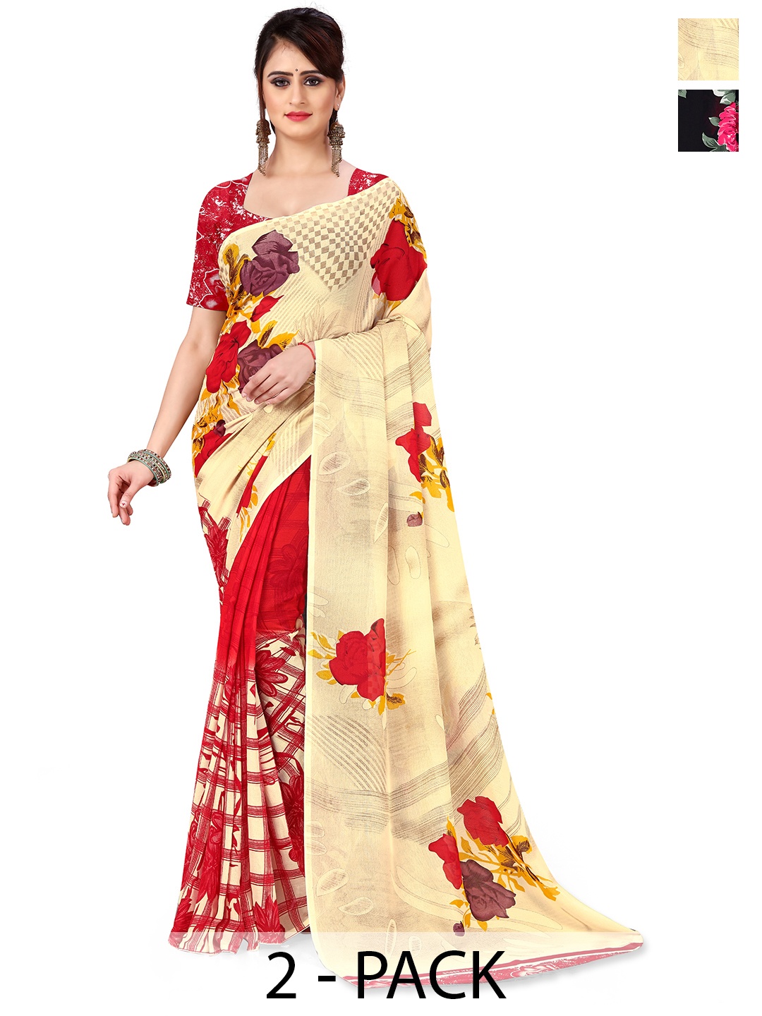 

ANAND SAREES Floral Pack of 2 Saree, Beige