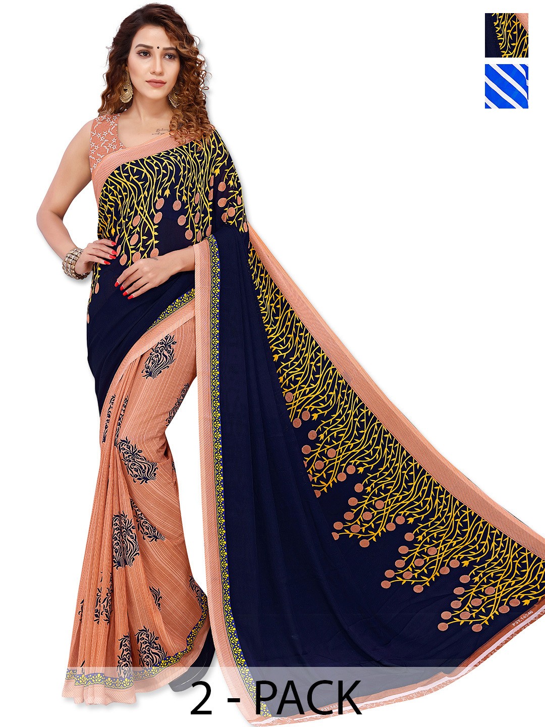

ANAND SAREES Ethnic Motif Pack of 2 Saree, Navy blue