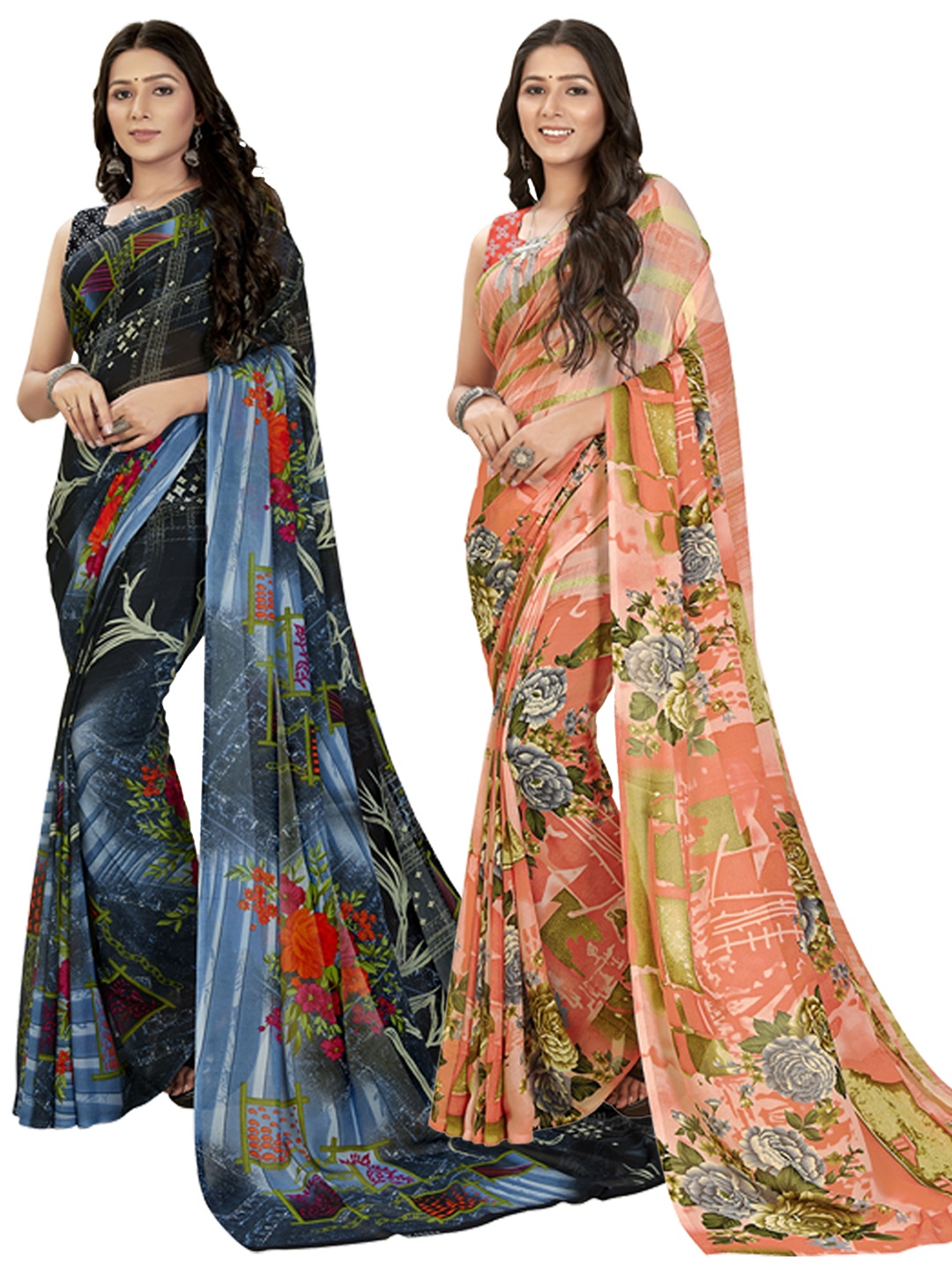 

ANAND SAREES Selection Of 2 Floral Printed Saree, Peach