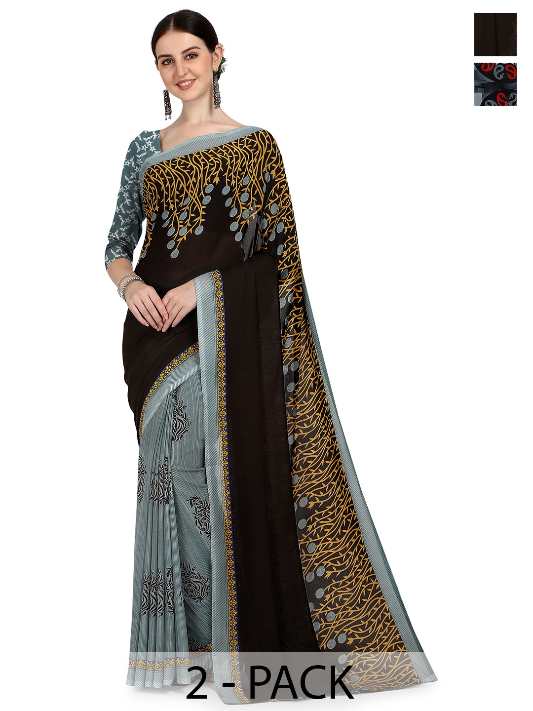

ANAND SAREES Ethnic Motif Pack of 2 Saree, Black