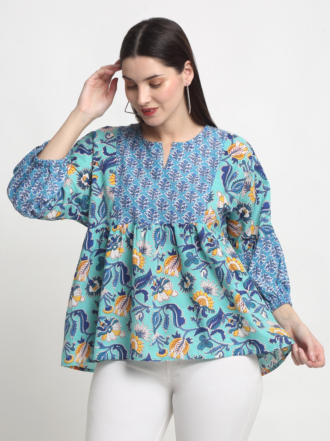 

SiaVira Floral Print Round Neck Puff Sleeves Cotton Top, Blue