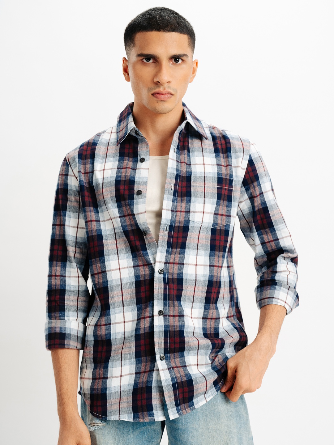 

FREAKINS Tartan Checks Opaque Checked Casual Shirt, Red