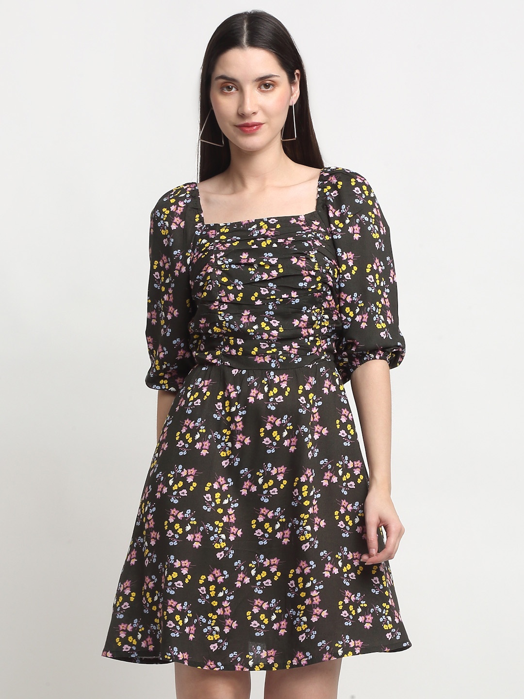 

SiaVira Floral Print Square neck Puff Sleeves Fit & Flare Dress, Olive