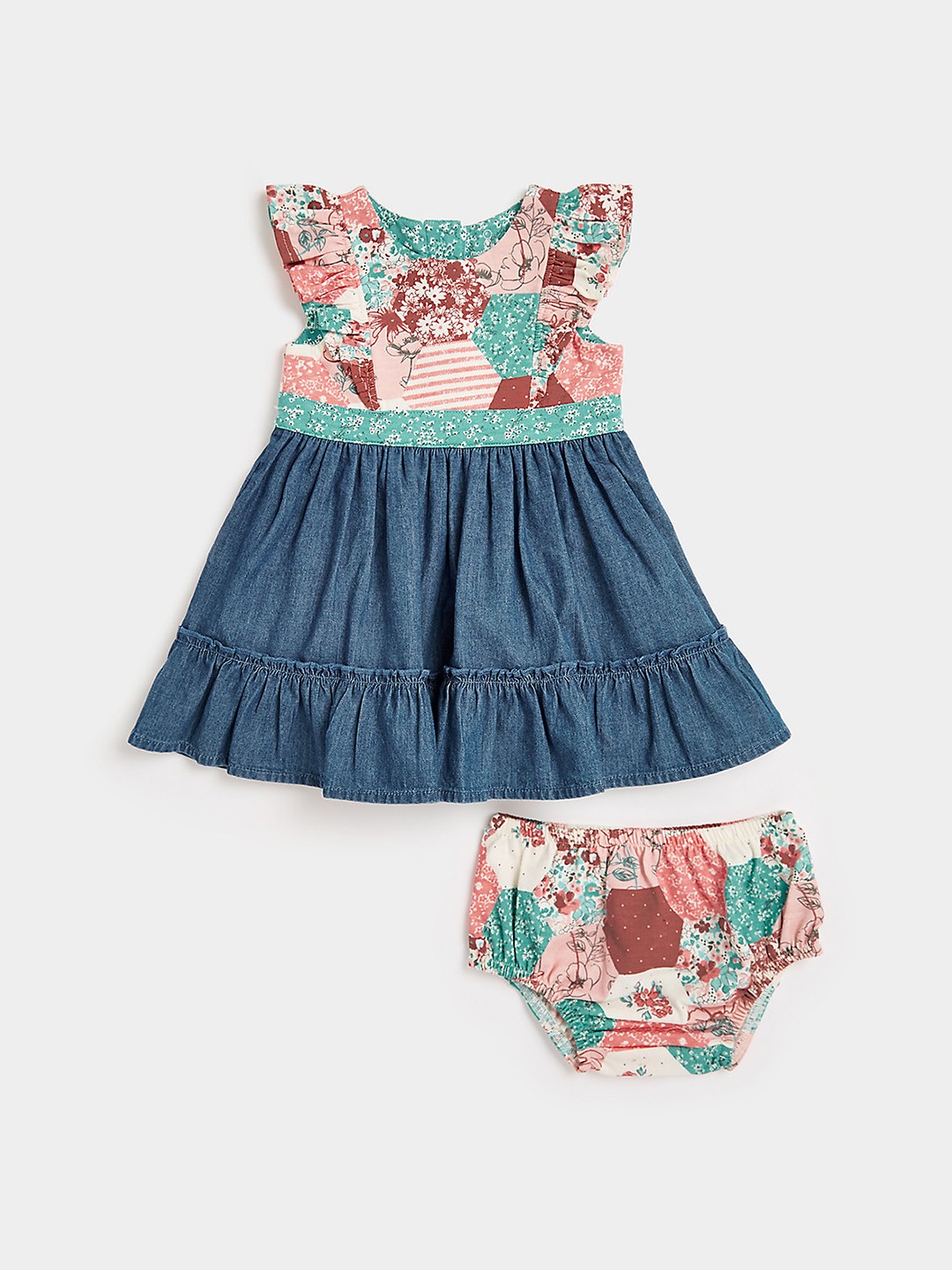 

mothercare Girls Round neck Sleeveless Floral Print Fit & Flare Cotton Dress, Blue