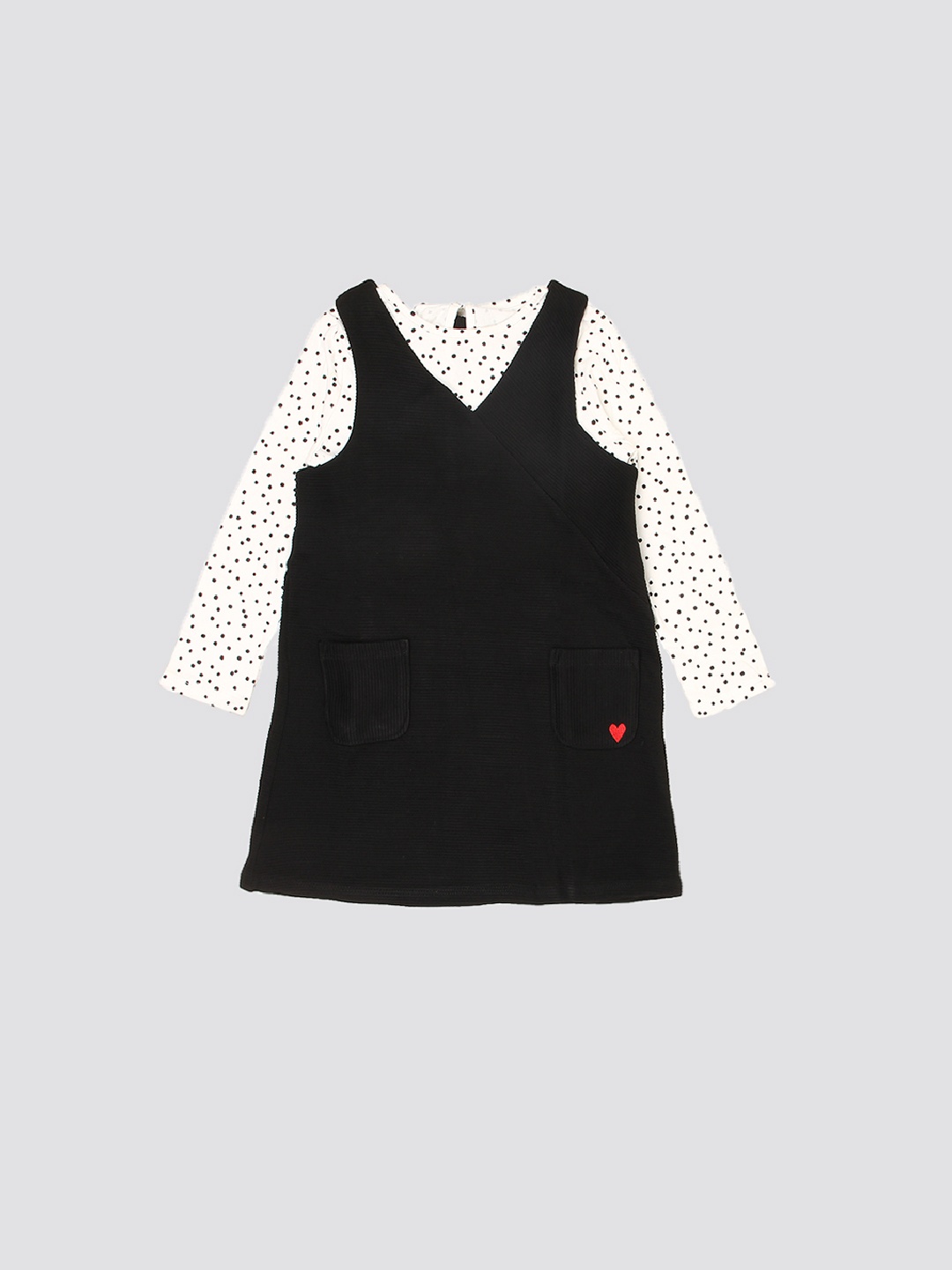 

mothercare Girls V-neck Long Sleeves A-Line Cotton Dress, Black