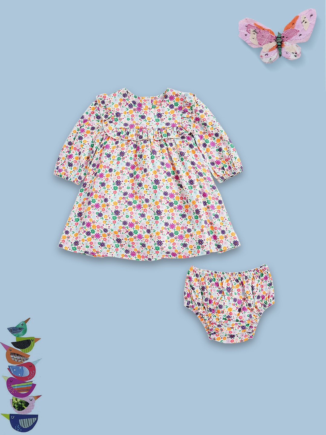

mothercare Girls Round Neck Long Cuffed Sleeves Floral Print Fit & Flare Cotton Dress, White