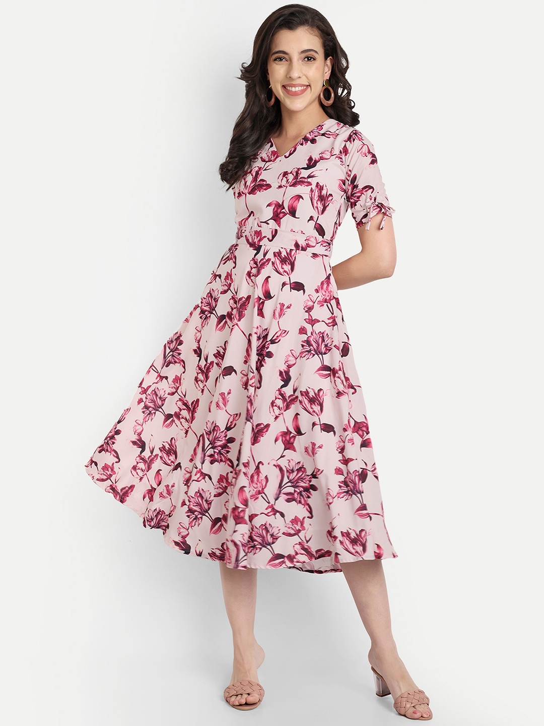 

SHINISHA Floral Printed V-Neck Fit & Flare Midi Dress, Pink