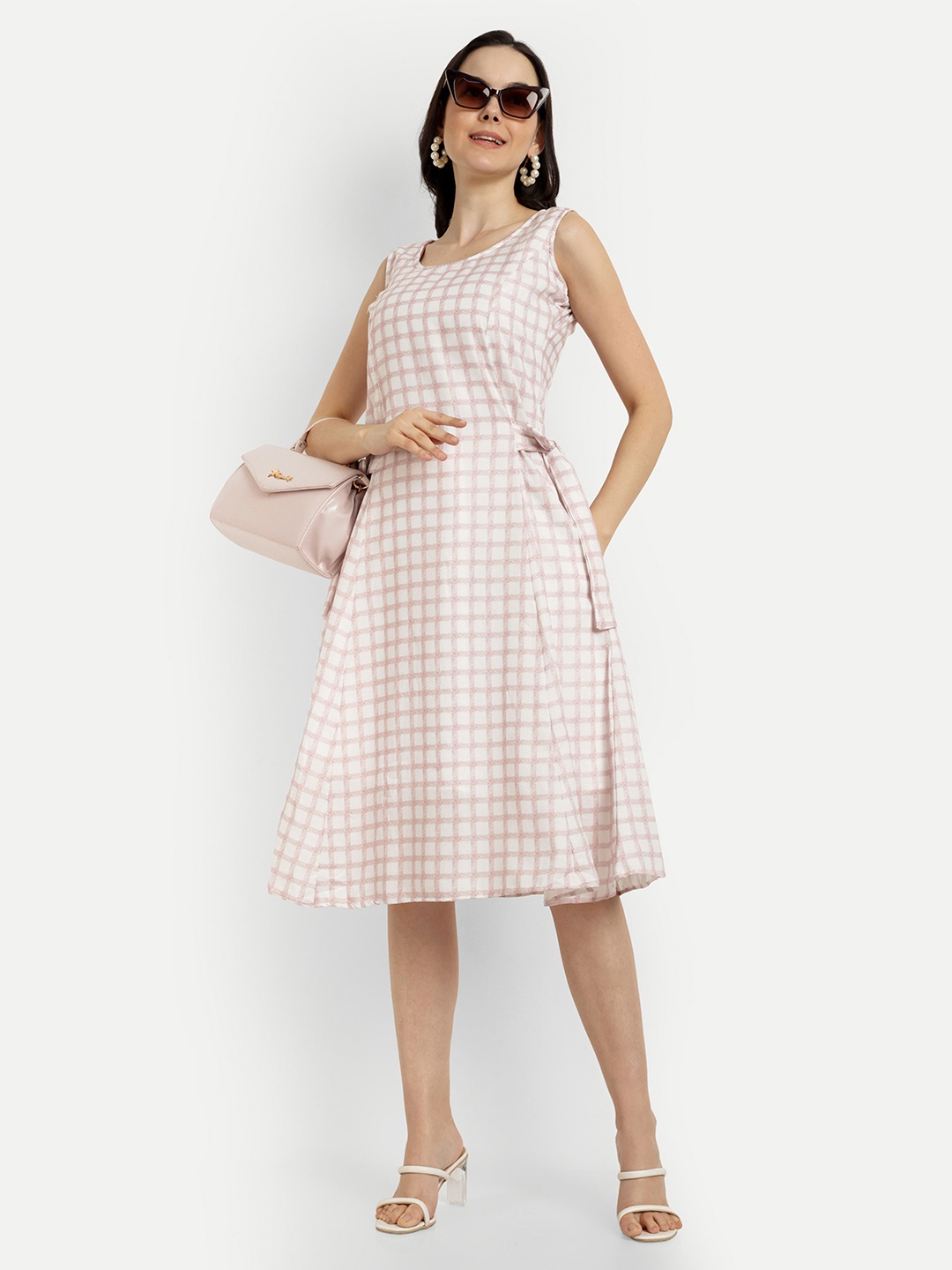 

SHINISHA Checked Tie-Ups Fit & Flare Dress, White