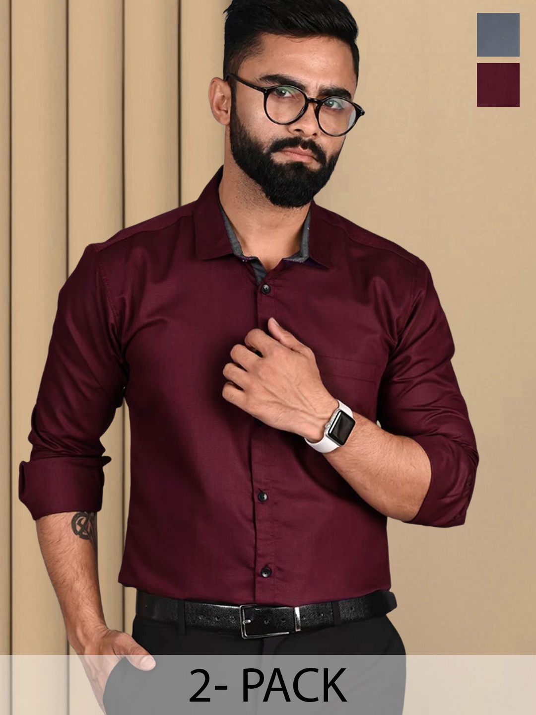

Tee Projekt Pack of 3 Cotton Formal Shirts, Maroon