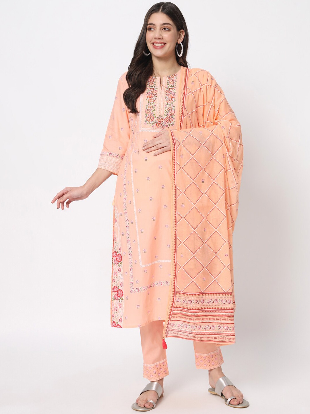 

mumzhug Ethnic Motifs Regular Thread Work Pure Cotton Kurta with Palazzos & Dupatta, Peach