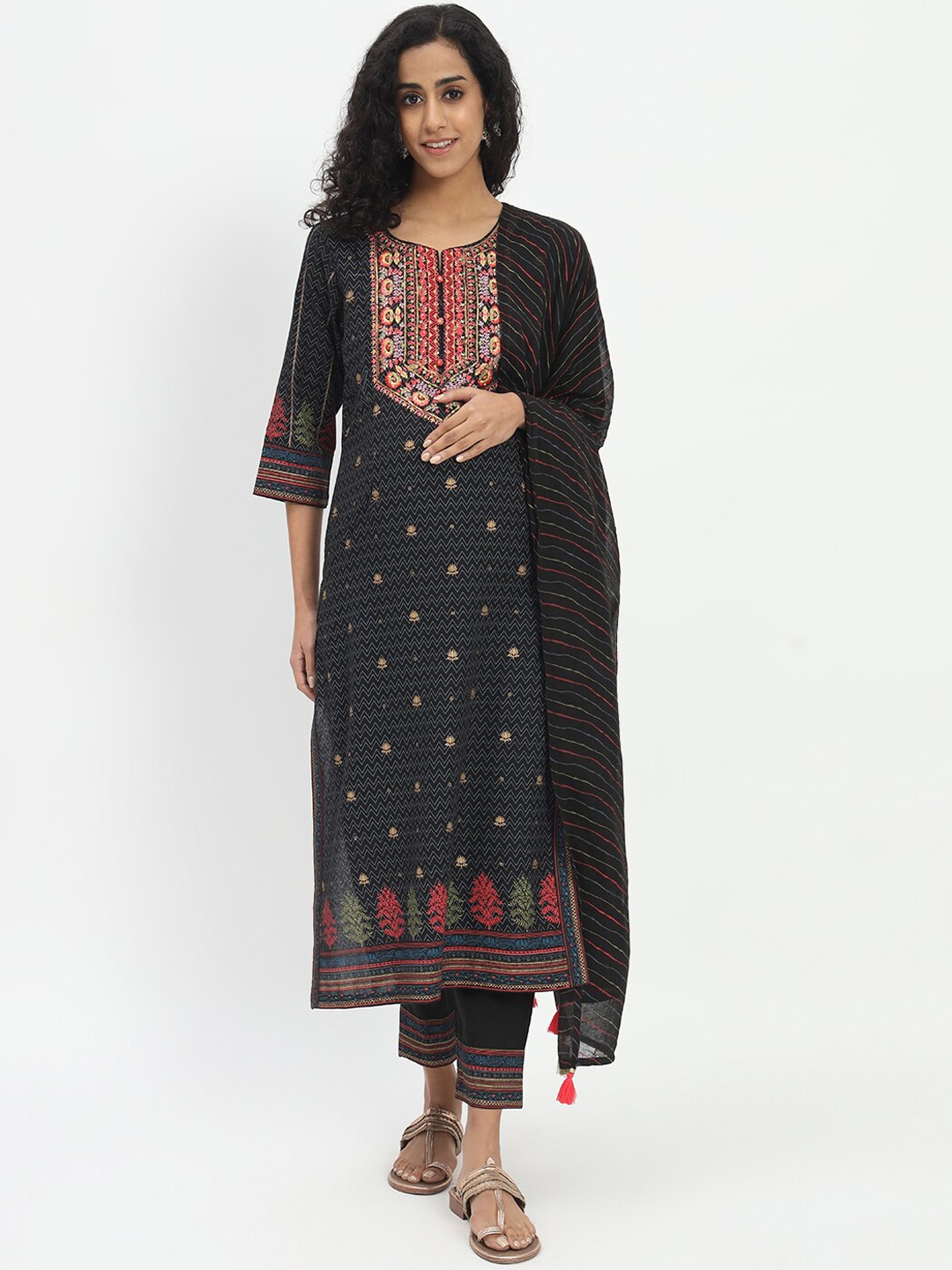 

mumzhug Ethnic Motifs Embroidered Straight Pure Cotton Kurta With Palazzos & Dupatta, Black