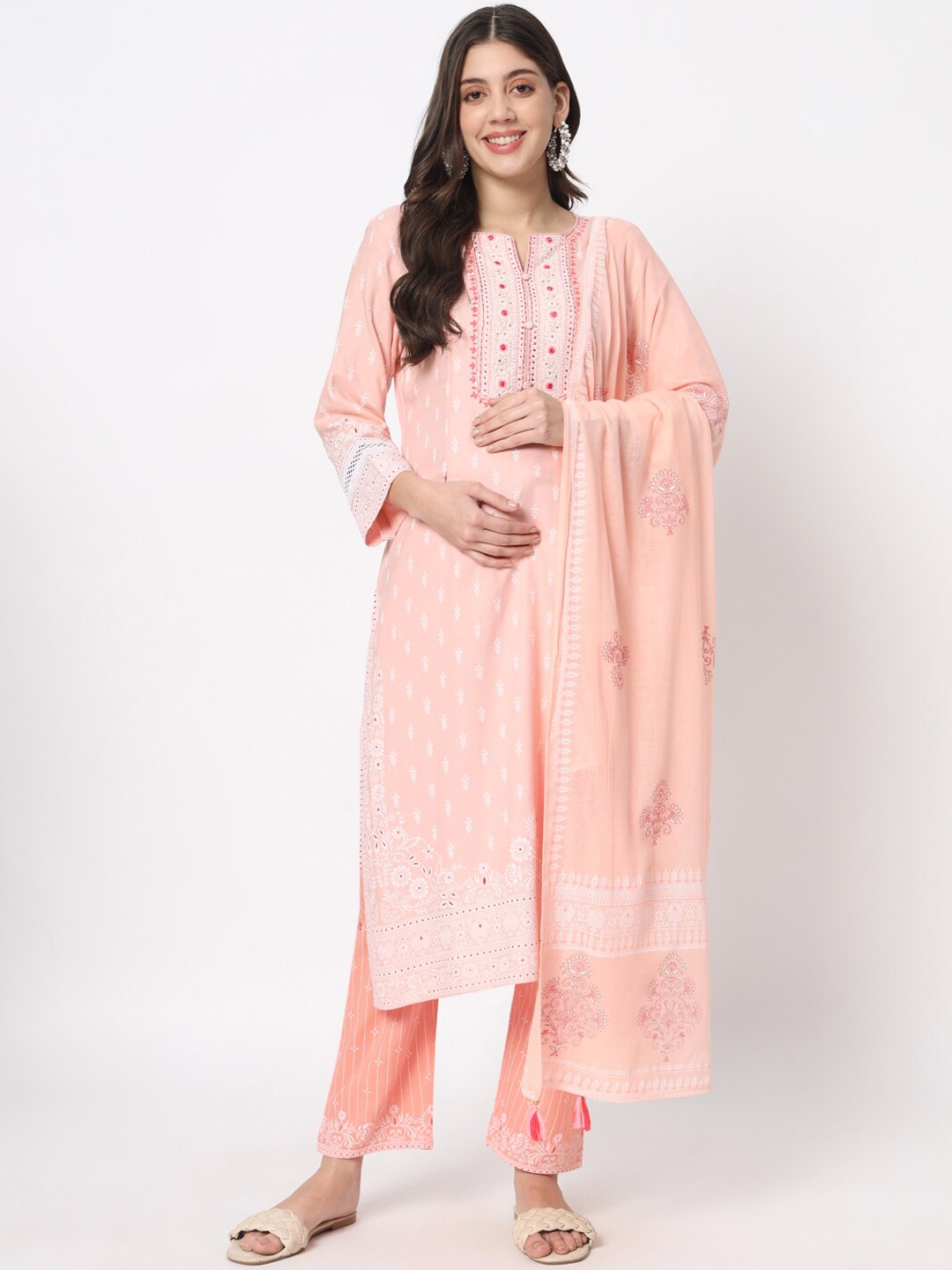 

mumzhug Ethnic Motifs Embroidered Thread Work Straight Kurta With Trousers & Dupatta, Peach