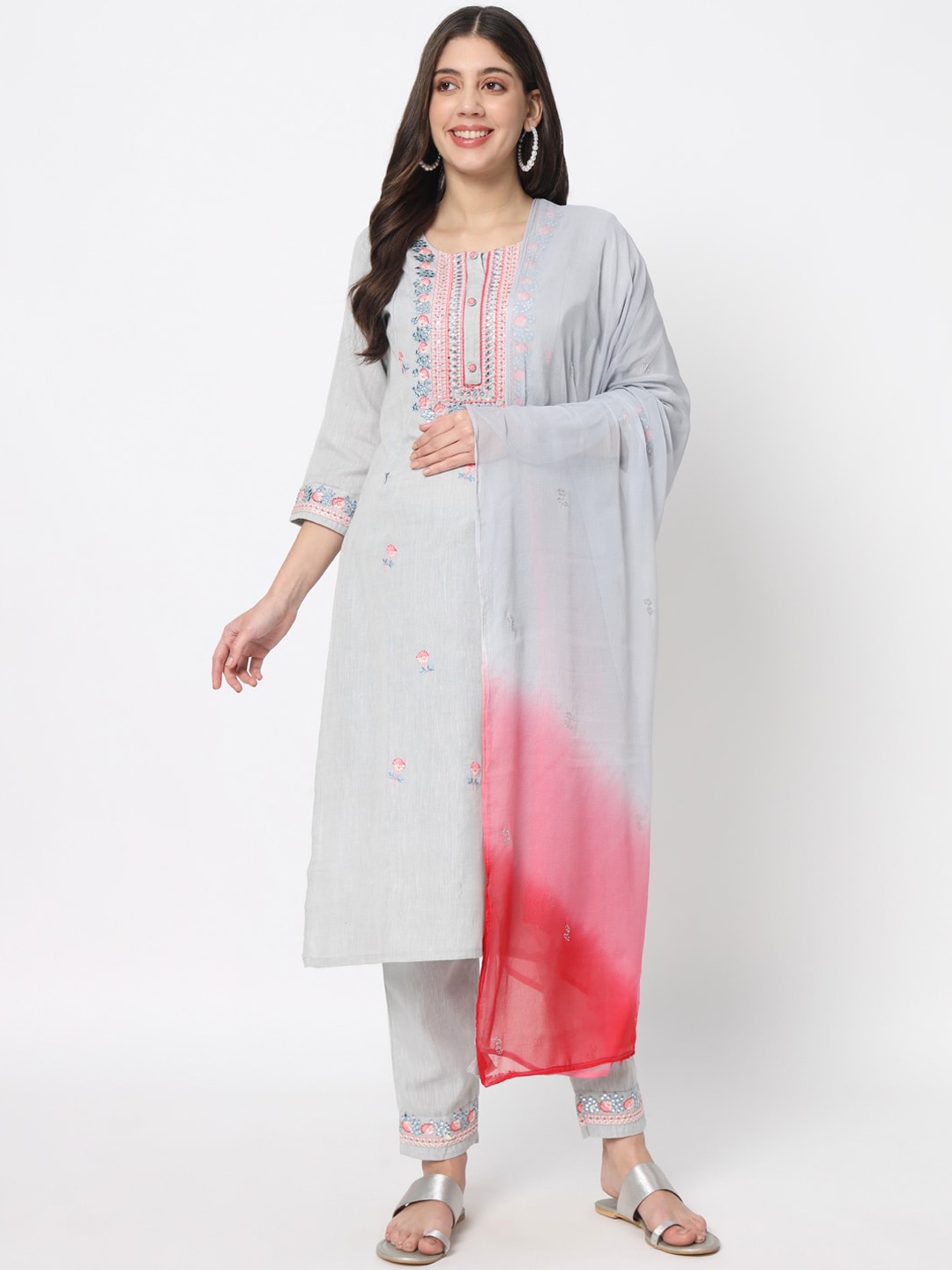 

mumzhug Floral Embroidered Round Neck Maternity Kurta with Trousers & Dupatta, Grey melange