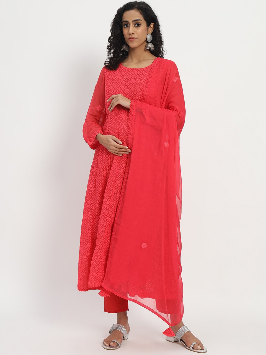 

mumzhug Floral Embroidered Thread Work A-Line Kurta With Palazzos & Dupatta, Red