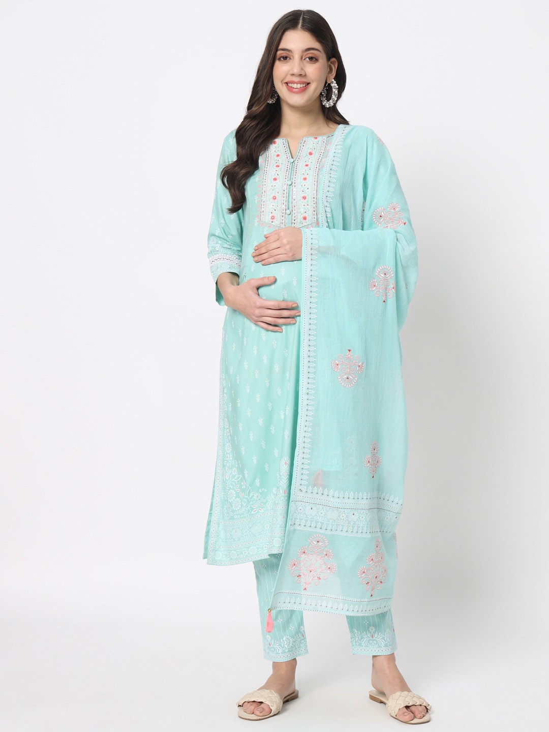 

mumzhug Ethnic Motifs Embroidered Straight Thread Work Kurta With Trousers & Dupatta, Turquoise blue