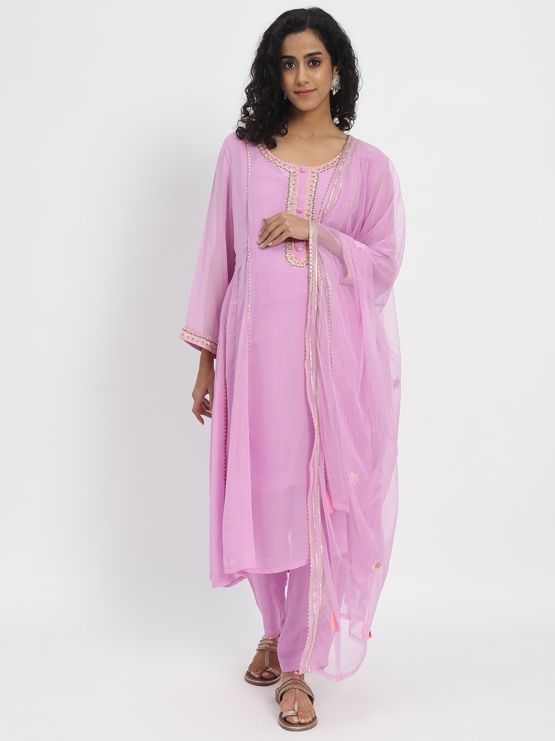 

mumzhug Embroidered Flared Gotta Patti Kurta With Palazzos & Dupatta, Lavender